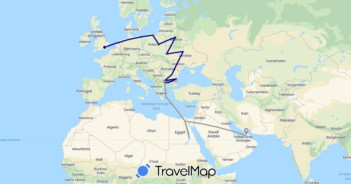 TravelMap itinerary: driving, plane, boat in United Arab Emirates, Bulgaria, Belarus, Egypt, United Kingdom, Greece, Poland, Romania, Ukraine (Africa, Asia, Europe)